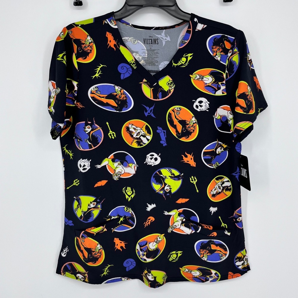 Disney Villains Scrub Top Womens Medium Black Multi Character Print V-Neck NEW